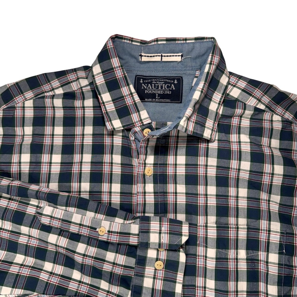 Nautica Mens Large Plaid Button Down‎ Shirt Long Sleeve Navy Green Cotton L